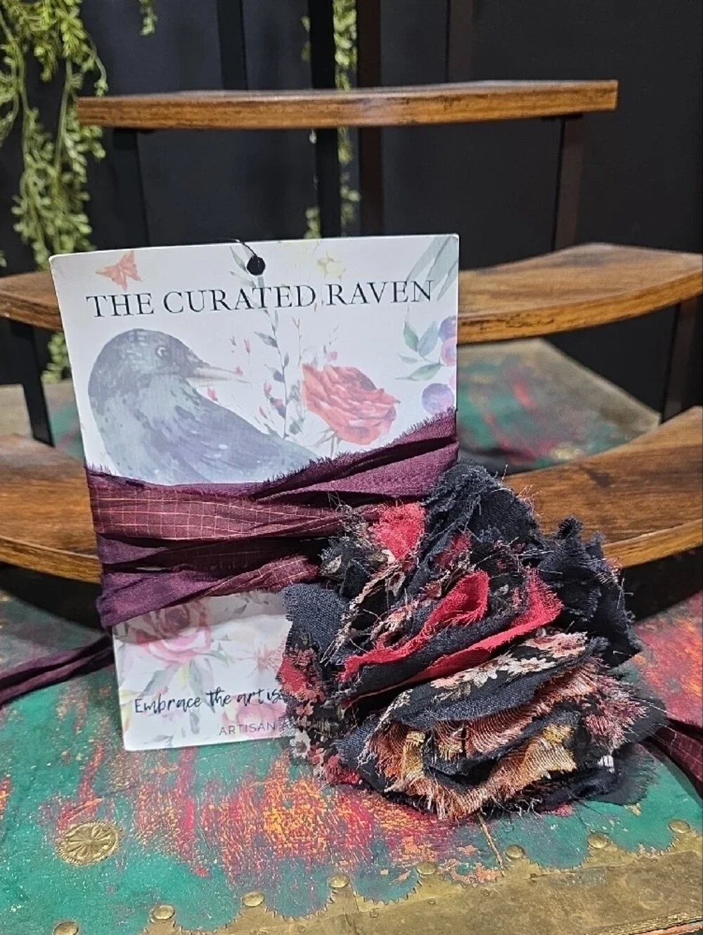 Artisan Women's Burgundy Wrap Scarf with Floral Accent -